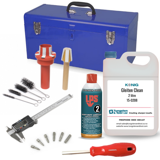 Tooling Maintenance Kit for CNC Machines. All you need for cleaning, lubricating, measuring, setting up, tightening and replacing tools in one handy toolbox. 