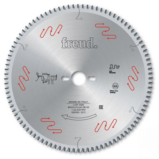 Freud’s exclusive blend of TiCo™ Hi-Density Carbide is specifically designed for each cutting application to maximise cutting life and material finish. Flat-triple chip tooth with negative cutting angle. Triple Chip Grind (TCG) tooth geometry for long life and chip free cuts in production applications.