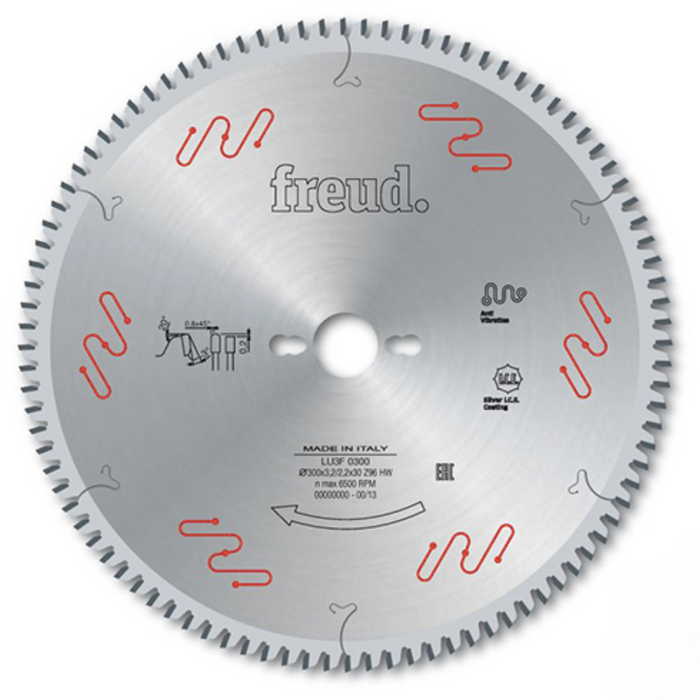 Freud’s exclusive blend of TiCo™ Hi-Density Carbide is specifically designed for each cutting application to maximise cutting life and material finish. Flat-triple chip tooth with negative cutting angle. Triple Chip Grind (TCG) tooth geometry for long life and chip free cuts in production applications.